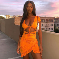 Sexy V Neck Floss Strap Ruched Bodycon Party Mini Dress - Orange