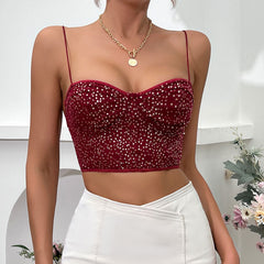 Shimmer Sweetheart Cami Sheer Sequin Lace Crop Corset Top - Burgundy