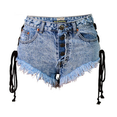 Street High Waist Lace Up Button Down Frayed Denim Shorts - Blue