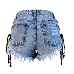 Street High Waist Lace Up Button Down Frayed Denim Shorts - Blue