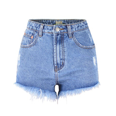 Vintage Style High Waist Faded Frayed Denim Shorts - Blue