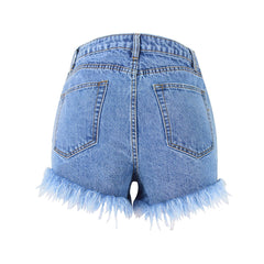 Vintage Style High Waist Faded Frayed Denim Shorts - Blue